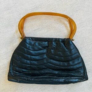 Vintage 1960’s Black Leather Bag With Lucite Handles